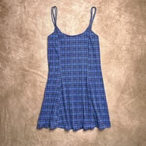 Vintage 90s Electric Beach Jantzen Checkered Plaid Mini Dress Blue Sleeveless